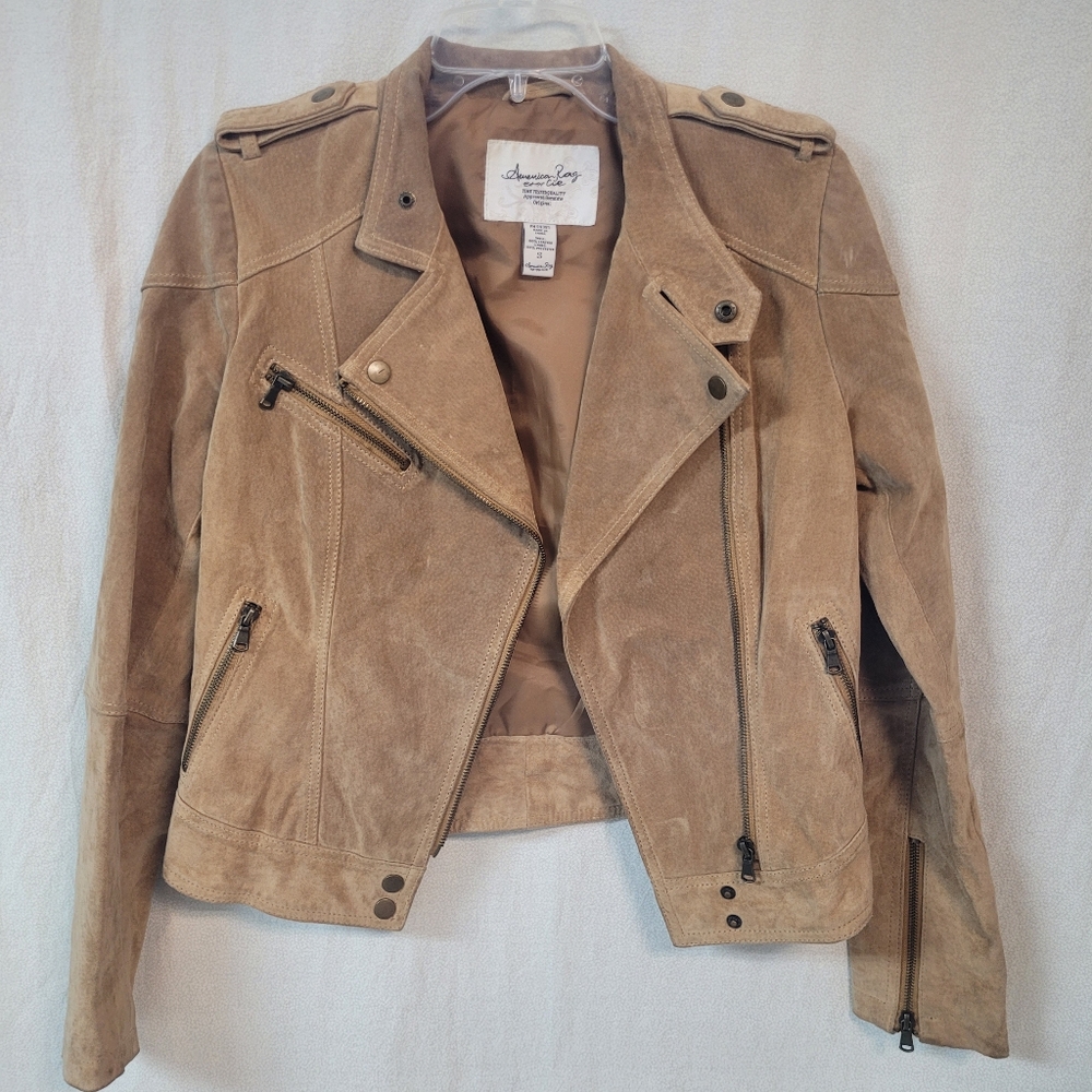 Brown Genuine Suede Leather Crop Moto Jacket Lined, American Rag Women’s Small